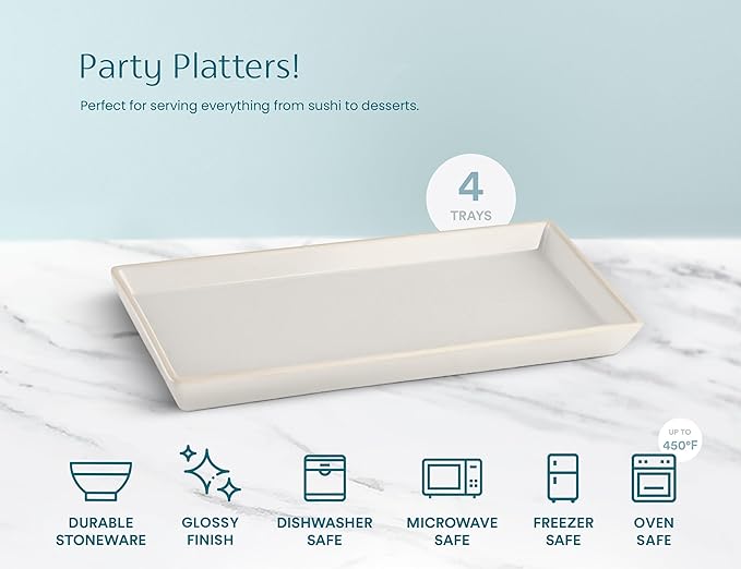 KooK Serving Platters and Trays, Trays for Serving Food, Ceramic 11 Inch Rectangular Serving Trays, Platters for Food at Parties and Entertaining, Microwave, Dishwasher Safe, White, Set of 4
