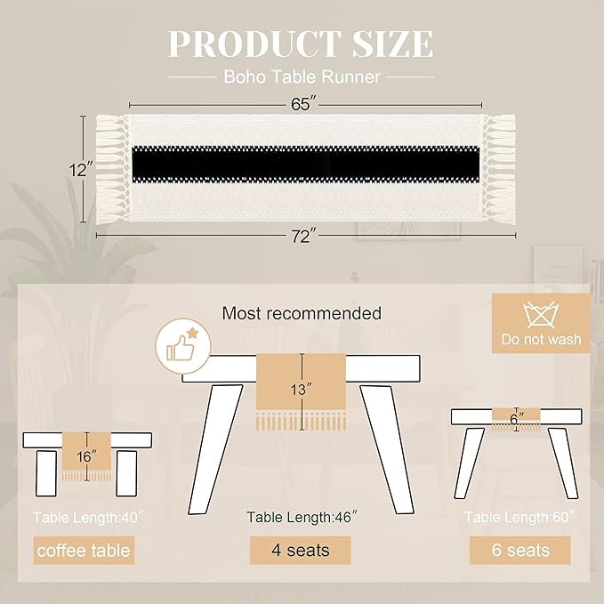 FEXIA Boho Table Runner for Christmas Home Decor with Tassels 72 Inches Long Farmhouse Rustic Black Halloween Table Runner Macrame Burlap Table Decoration for Living Room Bridal Shower(12x72 Inches)