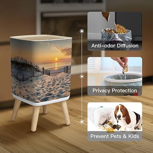 Small Trash Can with Lid Sunrise Beach Wastebasket with Press Cover Dog Proof Garbage Can Waste Bin for Kitchen Bathroom Nursery 2.6 Gallon