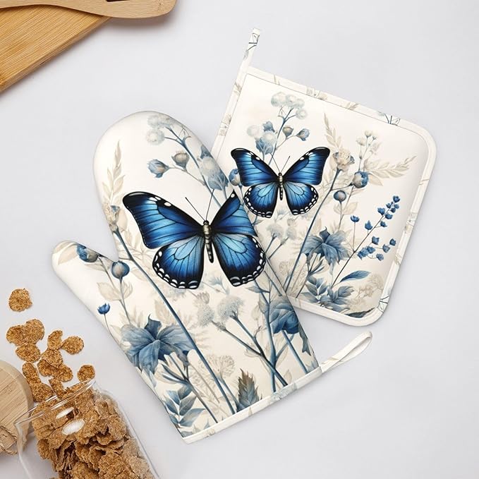 Oven Mitts and Pot Holders Butterfly Blue Flower Boho Silicone Kitchen Accessories Set of 4 Heat Resistant Long Gloves Potholder Non-Slip Grip for Chef Cooking Baking Grilling BBQ