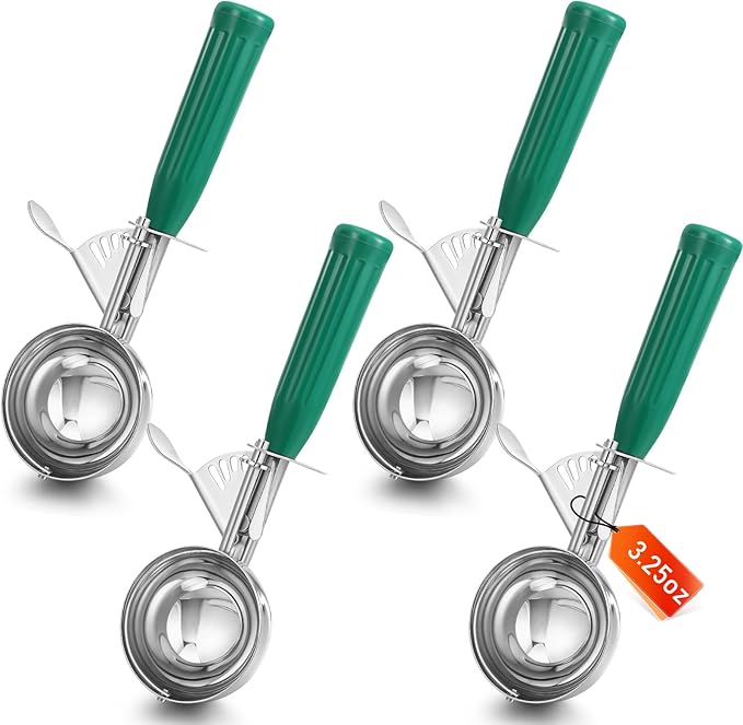 Reallnaive 4 Pcs Release Cookie Scoops Ice Cream Scooper with Trigger Release Portion Scoop Stainless Steel for Portion Control, Baking Food, Cookie Dough (3.25 oz,Green)