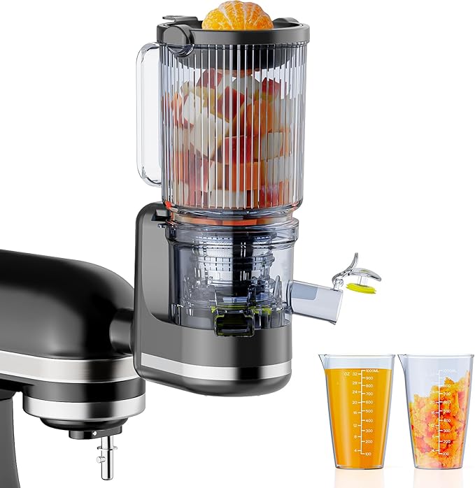 Juicer Attachment for KitchenAid, Cold Press Slow Juicer with 4.9" Large Feed Chute for Whole Fruits & Vegetables, Includes 2 * 1L Measuring Cups for KitchenAid Accessories and Attachments, Black