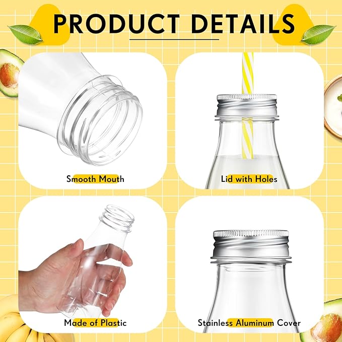 Yinkin 20 Sets Plastic Milk Bottles with Straws Lids Clear Plastic Containers for Dairy Milk Party Bottle for Juices Shakes Smoothies (8 oz,Summer Color)