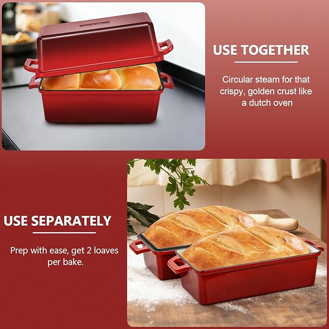 Wildone Enameled Cast Iron Bread Loaf Pan with Lid, 9x5 Sourdough Baking Pans for Homemade Bread, Cake, Meatloaf, Even Heating Bread Pans, 2-Piece Set, Red