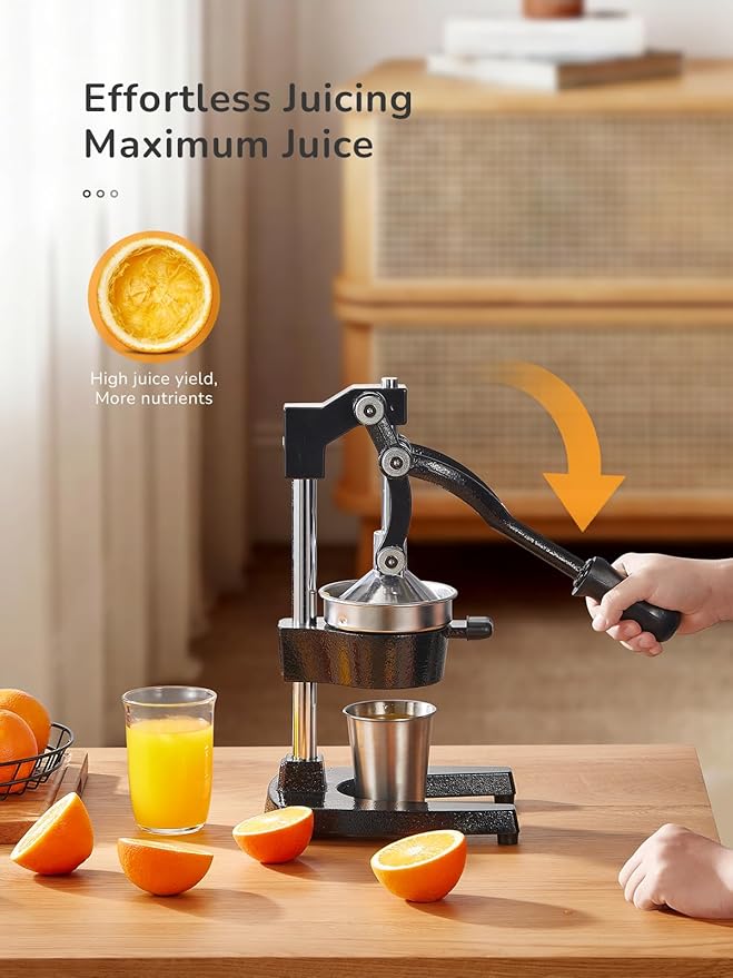 QCen Professional Cast Iron Manual Juicer, Heavy Duty Citrus Press with Stainless Steel Strainer, Easy-to-Clean Hand Squeezer for Orange, Lemon, Lime and Grapefruit - Black (Black)