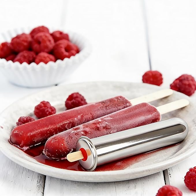 Stainless Steel Popsicle Molds Set 6 Pieces Ice Pop Maker, Homemade Popsicle Molds Maker with 50 Sticks, 20 Bags, 14 Silicone Seals, 1 Cleaning Brush and 1 Stand, DIY Ice Pop Mold for Kids (Round)