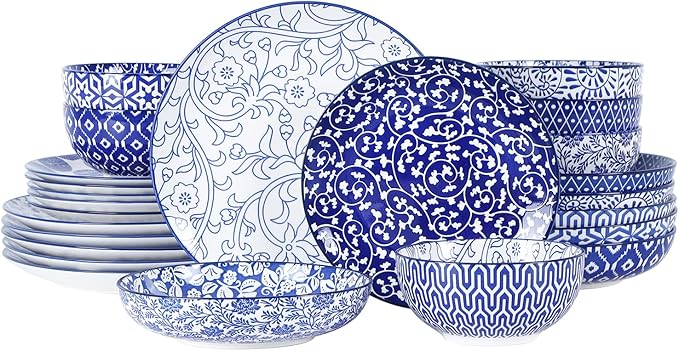 Selamica Ceramic Dinnerware Sets for 6, 24 Piece Plates and Bowls Sets, Scratch Resistant Dishes Set-Dishwasher & Microwave & Oven Safe, Vintage Blue