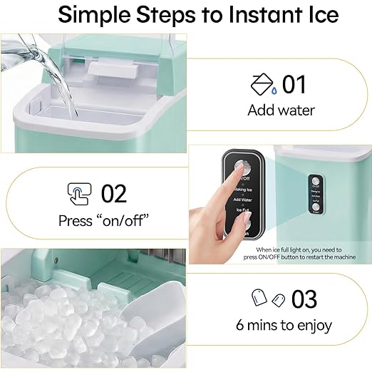 Nugget Ice Maker Countertop, Portable Ice Makers Machine with Removable Basket and Scoop, Self-Cleaning, Quiet, 6-Min Ready, 24lbs in 24Hrs, Visible, for Home, Party, RV, Camping, Green