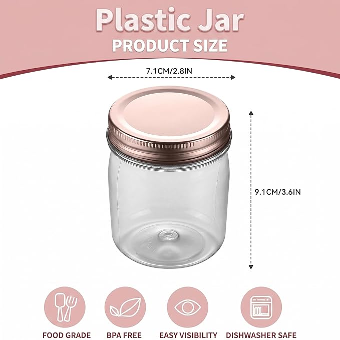 novelinks 8 oz Clear Plastic Jars with Airtight Lids, 24 Pack Plastic Mason Jars with Lids 8oz, Refillable Storage Slime Containers & Small Spice Jar for Kitchen Organization (24 Pack,Rose Gold)