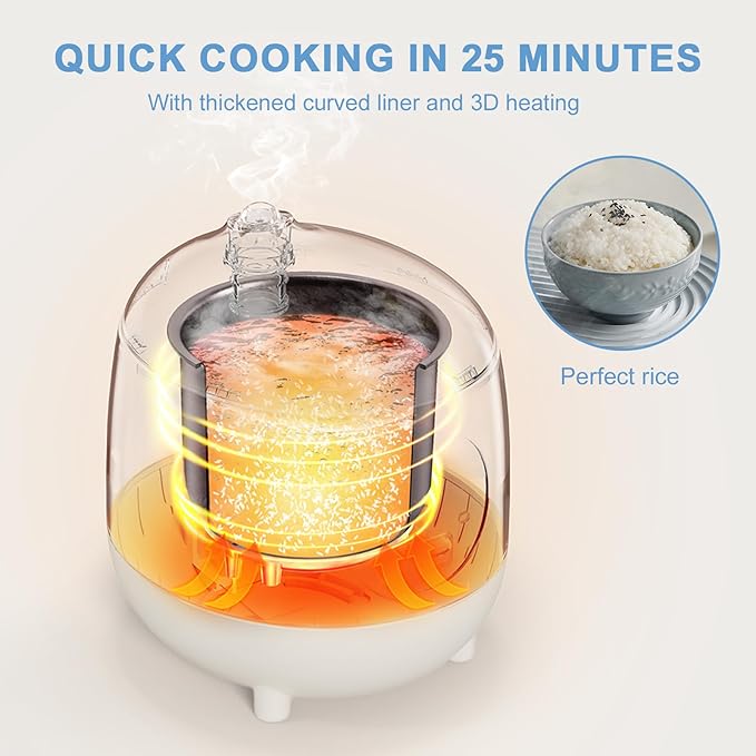 Bear Mini Rice Cooker 2 Cups Uncooked, 1.2L Portable Non-Stick Small Travel Rice Cooker, BPA Free, One Button to Cook and Keep Warm Function, White
