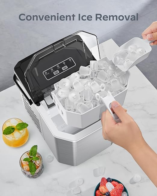 Silonn Ice Maker Countertop, Stainless Steel Portable Ice Machine with Carry Handle, Self-Cleaning Ice Makers with Basket and Scoop, 9 Cubes in 6 Mins, 26 lbs per Day, Stainless Steel
