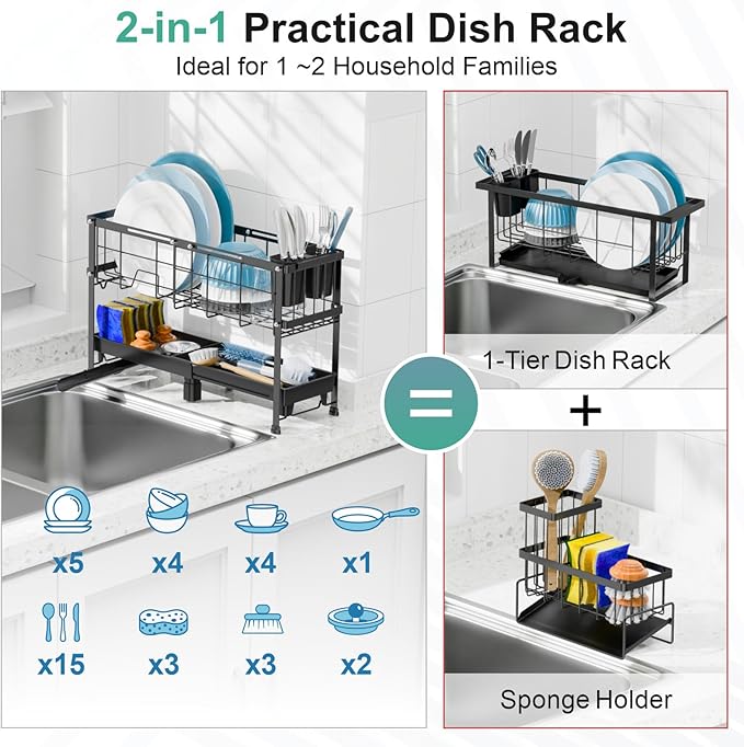GSlife Narrow Dish Drying Rack, 2 Tier Small Dish Drainer for Kitchen Counter, Expandable Compact Dish Rack with Utensil Holder for RV/1-2 People, 15.7''-20.7''L x 7" D x 12.6" H, Black