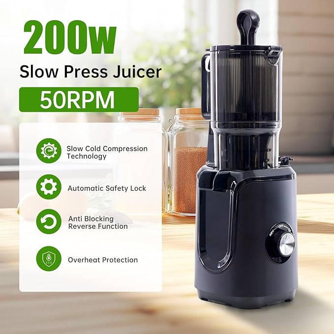 Cold Press Juicer, 92% High Nutrient Retention Slow Masticating Juicer with Wide 4.25" Chute & Reverse Function, Low Heat Oxidation, Easy Clean Quiet Motor, Black