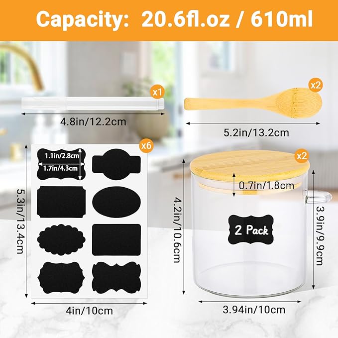 Glass Jars with Bamboo Lids - 2 Pack 20 Fl.oz Round Glass Jar with Airtight Lid and Spoon, Kitchen Pantry Storage Canister for Overnight Oats, Spice, Coffee, Brown Sugar, Loose Tea, Candy