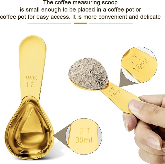 Safring Stainless steel coffee scoop 2-piece set (1 tbsp, 2 tbsp) durable Tablespoon, ergonomic measuring spoon, Suitable for small and large jars，short-handled spoon (Gold)