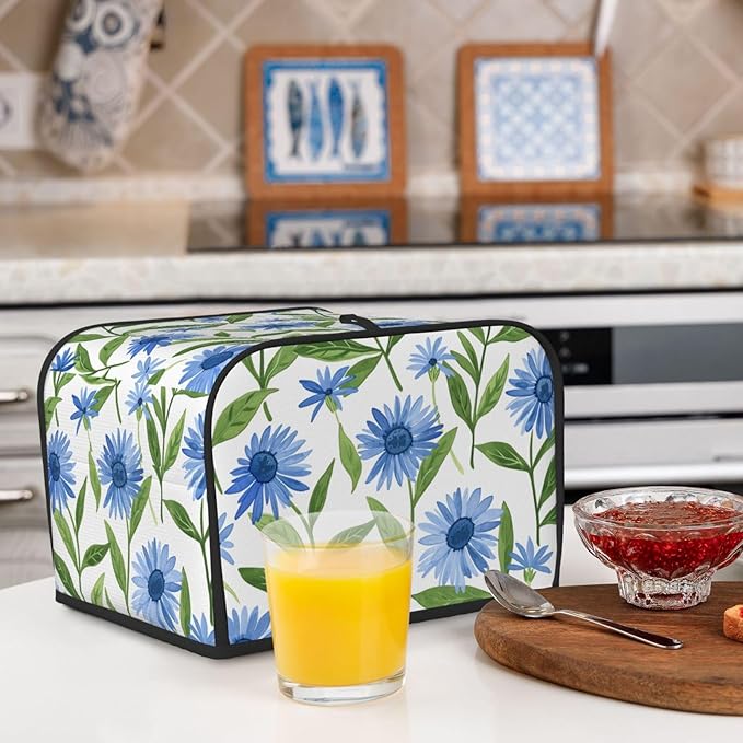Cornflower White Flowers Covers for 4 Slice Toasters,Cute Country Bread Machine Cover with Handle,Washable Stain Resistant Kitchen Small Appliance Cover Dining Decor