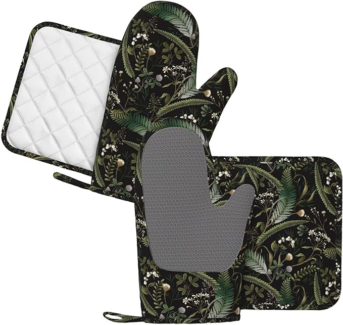 Mushrooms Oven Mitts and Pot Holders Sets Silicone Forest Plants Wild Berries Herbs Ferns Kitchen Oven Mitts Hot Pads Heat Resistant Potholders Kitchen Mitts Set for Baking BBQ Cooking