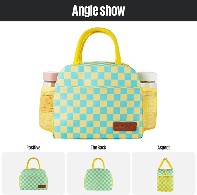 douyadady Lunch Bag Women/Men Lunch Box Women/Men (Yellow+Blue Checkerboard)