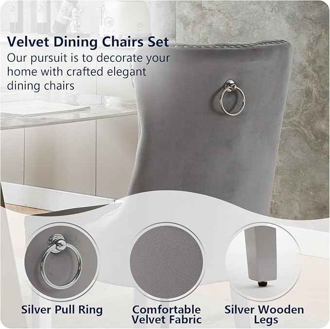 Velvet Dining Chairs Set of 6, Kitchen & Dining Room Chairs, Upholstered Dining Chairs with Back Ring Pull and Silver Solid Wood Legs, Modern Tufted Kitchen Chairs for Dining Room, Light Grey