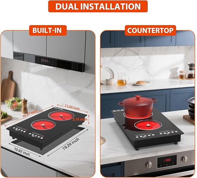 Electric Cooktop 2 Burner: 12 Inch Built-in Electric Stove Top with Dual Heating Rings, Child Lock & Keep-Warm – Portable Countertop Burner for Kitchen, RV, Apartment, All Cookware Compatible