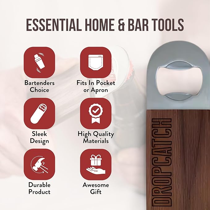 Dropcatch Handheld Bar Blade Bottle Opener | Flat Beer Cap Bottle Opener | Durable Bartender or Home Tool | Heavy Duty Stainless Steel & Walnut Finish | Standard 7” x 1.5”