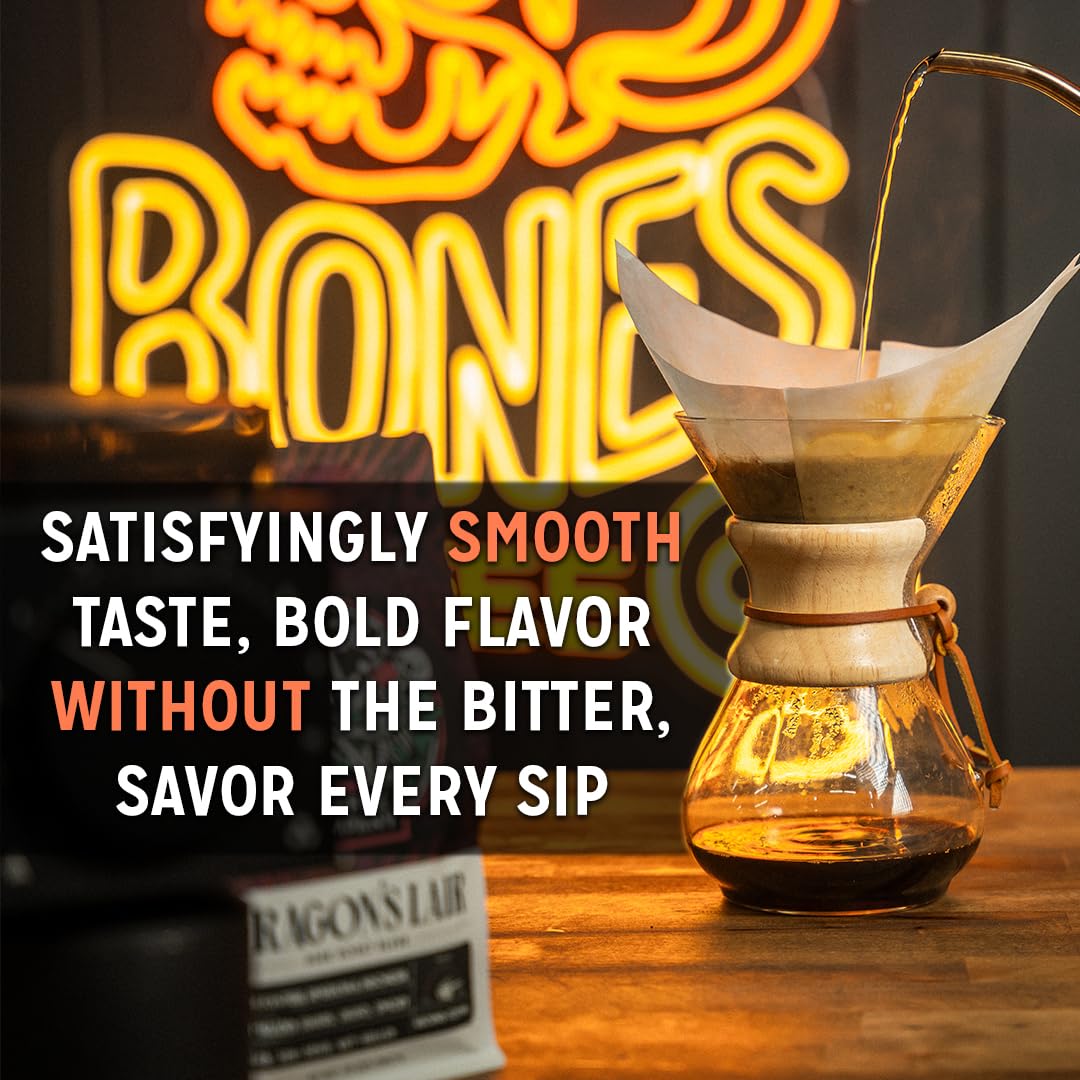 Bones Coffee Company Salted Caramel Flavored Coffee, Medium Roast Low Acid Arabica Beans Compatible with Auto drip and French Press Coffee Maker, 12 Oz Ground