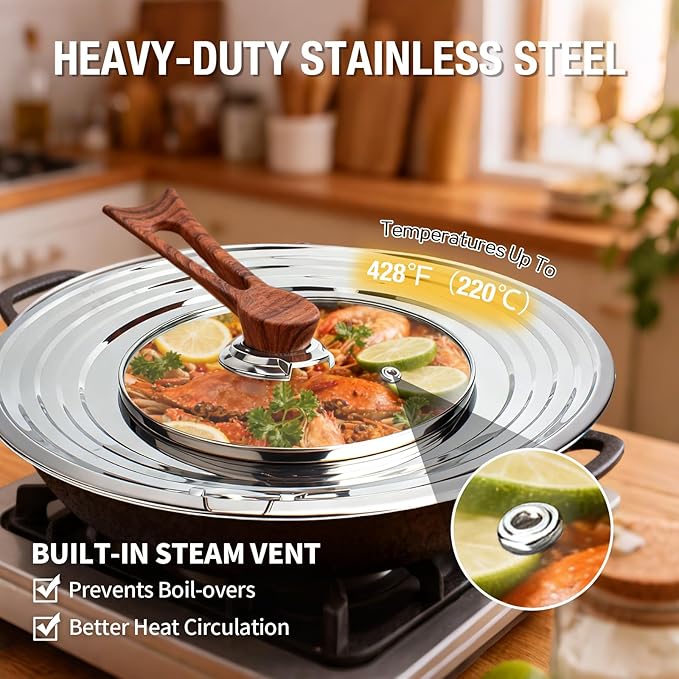 Najor Universal Lid for Pots, Pans and Skillets, Pot Lid With Wooden Standable Handle And Tempered Glass, Fits 8.25", 9", 10", 11", 12" Diameter Pots and Pans