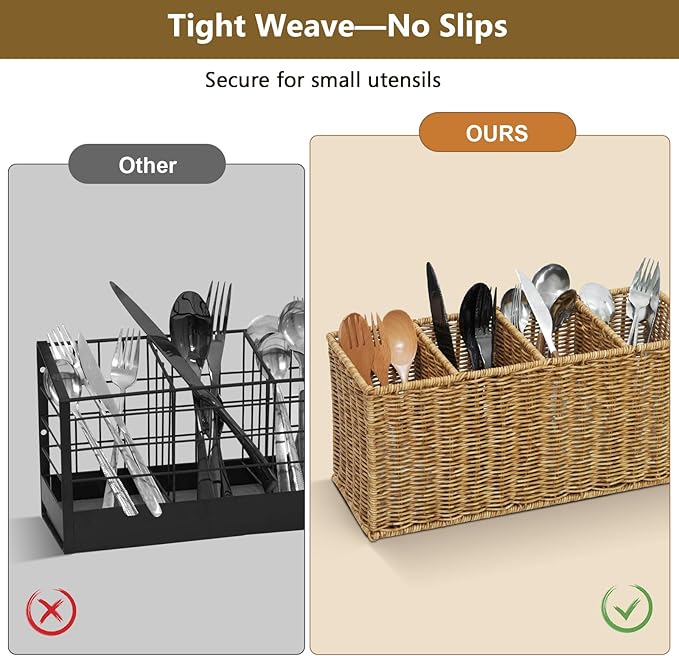 Extra Large Kitchen Utensil Holder with 4 Compartments, Handwoven Resin Wicker Utensil Caddy, Farmhouse Rustic Flatware Organizer for Countertop, Quick-Dry Storage Basket
