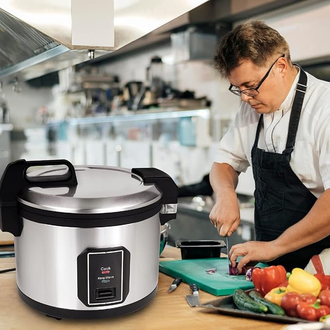 Commercial Stainless Steel Rice Cooker - Professional 64 Cup Cooked (32 Cup Uncooked) Rice Maker Cooker With Non Stick Pot & Hinged Lid - Includes a Rice Measuring Cup & Rice Scoop