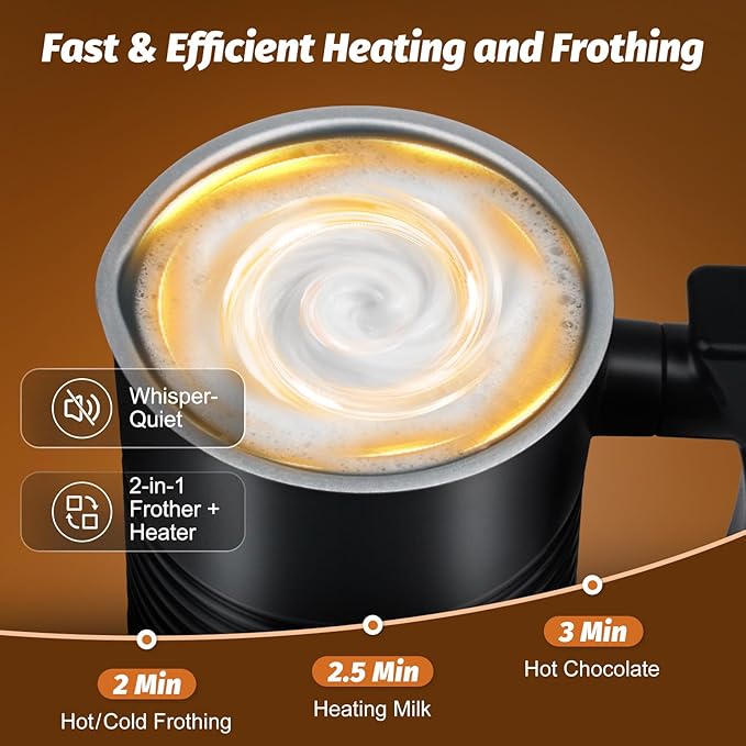 Milk Frother and Steamer, 4-in-1 Electric Milk Frother and Warmer, Hot & Cold Foam Maker, 11.8oz Capacity, Fast Heating, Quiet Coffee Frother for Latte, Cappuccino & Hot Chocolate