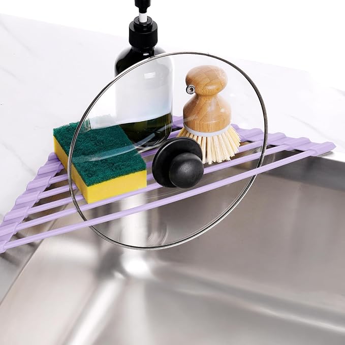 Tomorotec Compact Silicone-Coated Triangle Dish Drying Rack for Sink Corner - Foldable Stainless Steel Over-The-Sink Organizer and Storage Shelf (Light Purple)