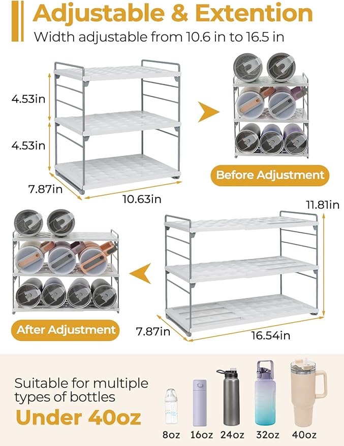 Cirhy 12" Tall 3-Tier Expandable Water Bottle Organizer – Fits 20-40 oz Stanley, Owala, Yeti Tumblers, Shaker Cups & Travel Mugs – Adjustable Storage Rack for Cabinet, Kitchen & Pantry Organization