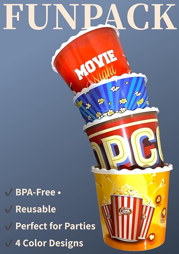 Modern Style Reusable Plastic Popcorn Box/Popcorn Containers/Popcorn Bowls Set for Movie Theater Night - (BPA Free - 4 Pack - 75 oz) (Popcorn Mix C)