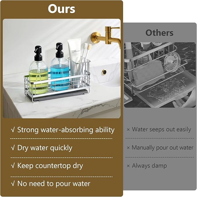Shinowa Kitchen Dish Soap Dispenser Set, 14OZ Glass Bottle with Rustproof 304 Stainless Steel Sponge Holder and Instant Dry Tray, Hand and Dish Soap Dispenser Set for Kitchen Sink Organizer, Silver