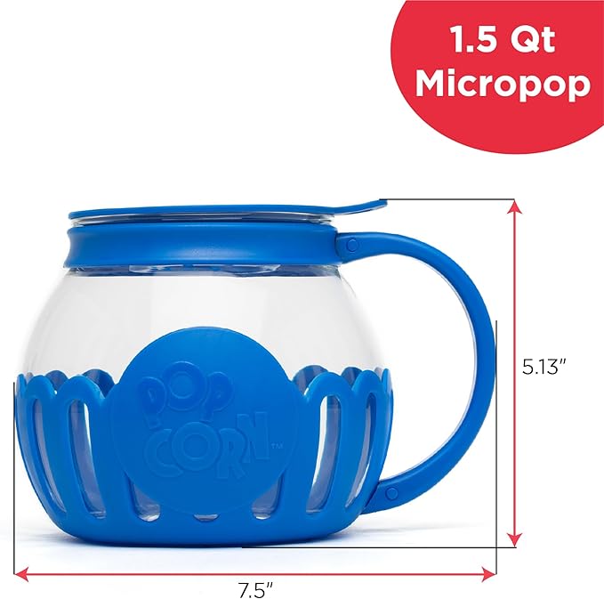 Ecolution Patented Micro-Pop Microwave Popcorn Popper with Temperature Safe Glass,3-in-1 Lid Measures Kernels and Melts Butter,Made Without BPA,Dishwasher Safe,1.5-Quart,Blue,(Pack of 4)