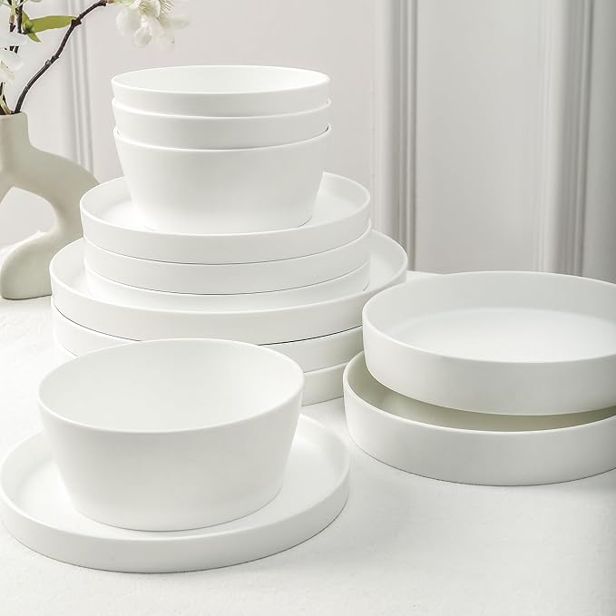 Stone Lain Fosca 32-Piece Dinnerware Set Bone China, Plates and Bowls Sets, Pasta Bowls, Dish Set for 8, Matte White