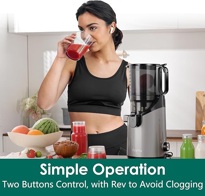 Cold Press Juicer Machines,Fretta Juicer Machines with PCTG Material from the USA,5.3" Extra Large Feed Chute Fit Whole Fruits & Vegetables,Truly BPA-Free,Easy to Clean(Grey, 1.8L)