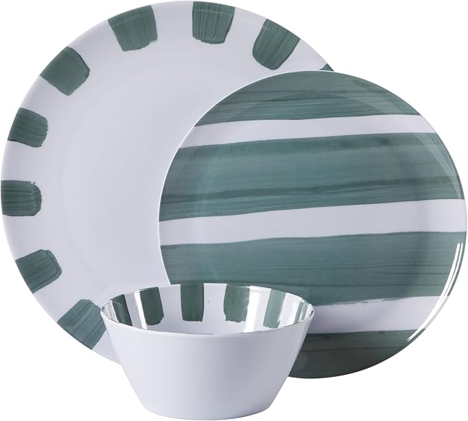 Gibson Home Cottage Stripes 12-Piece Melamine Plates and Bowls Dinnerware Set - Outdoor, Camping, & Everyday Use - Assorted Colors