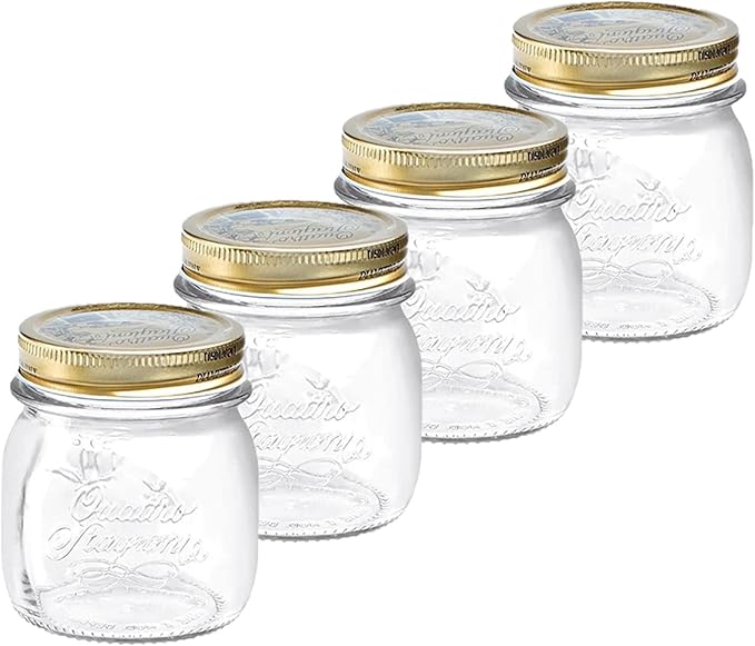 Bormioli Rocco Quattro Stagioni set of 4 Clear Airtight Mason Jars, 8.5 Oz. Made from BPA Free Durable Glass, Made In Italy.