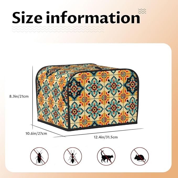 Brown Boho Tile Covers for 4 Slice Toasters,Cute Country Bread Machine Cover with Handle,Washable Stain Resistant Kitchen Small Appliance Cover Dining Decor