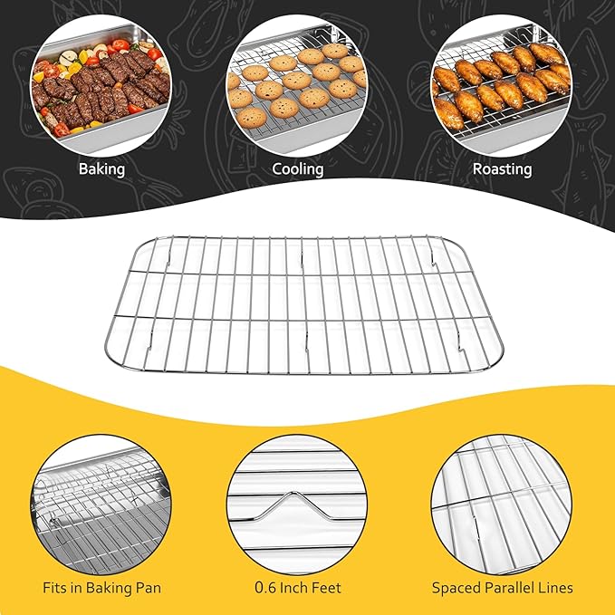 2 Pcs 12.7"15.5" Stainless Steel Roasting Pans with Handles, Baking Pan for Oven with 2 Pcs Flat Racks, Heavy Duty, Dishwasher Safe Rectangular Lasagna Pan with Handles for Turkey Chicken, Silver