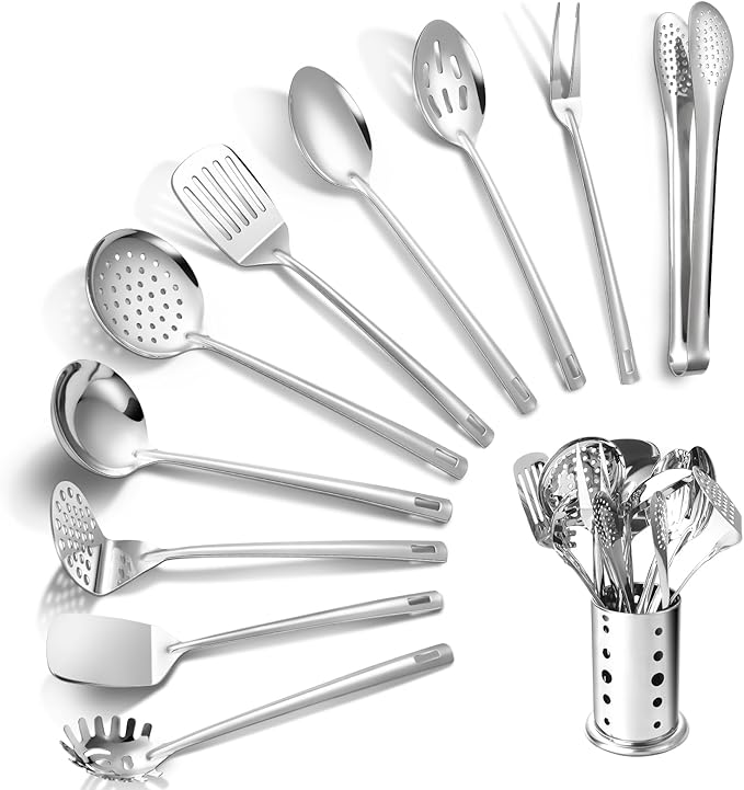 Lazycorner Kitchen Utensils Set, 11pcs Stainless Steel Cooking Utensils Set with Holder, Metal Kitchen Set for Cooking with Turners, Potato Masher, Spatula, Spoons, Pasta, Tongs