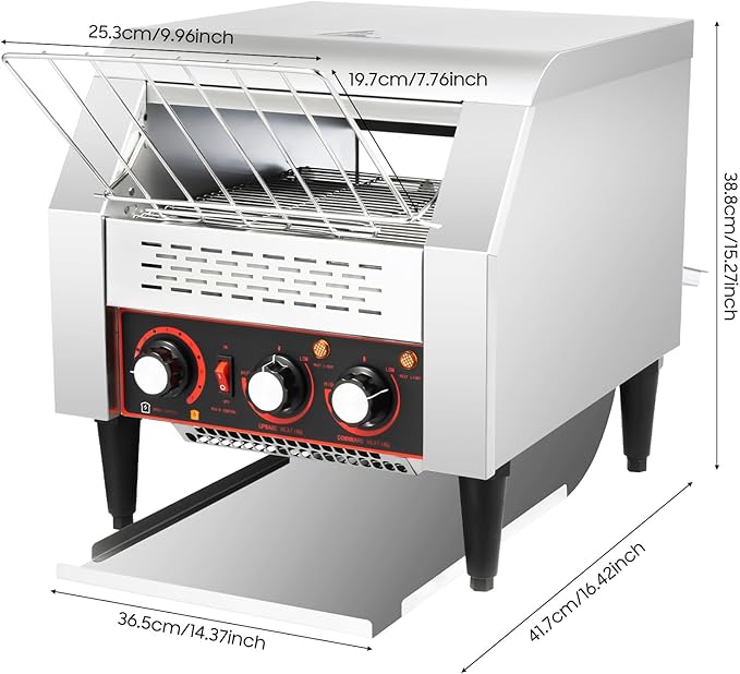 Commercial Conveyor Toaster 2200W, 300 Slices/Hour Stainless Steel Bread Oven with Dual Temp Control & Double Chutes - 7-Speed Adjustable