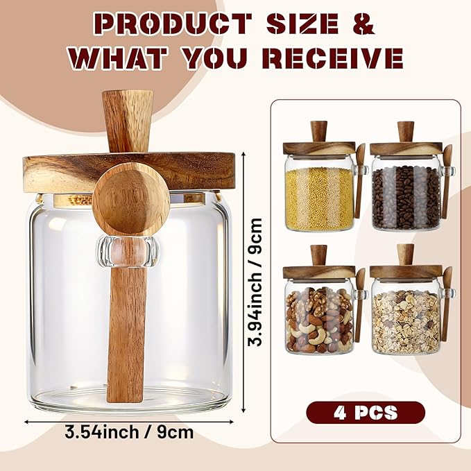Remerry Set of 4 Glass Jar with Wooden Lid and Spoon, Clear Airtight Spice Canisters Glass Food Storage Kitchen Containers Set for Coffee Bean Tea Sugar (13.5 oz)