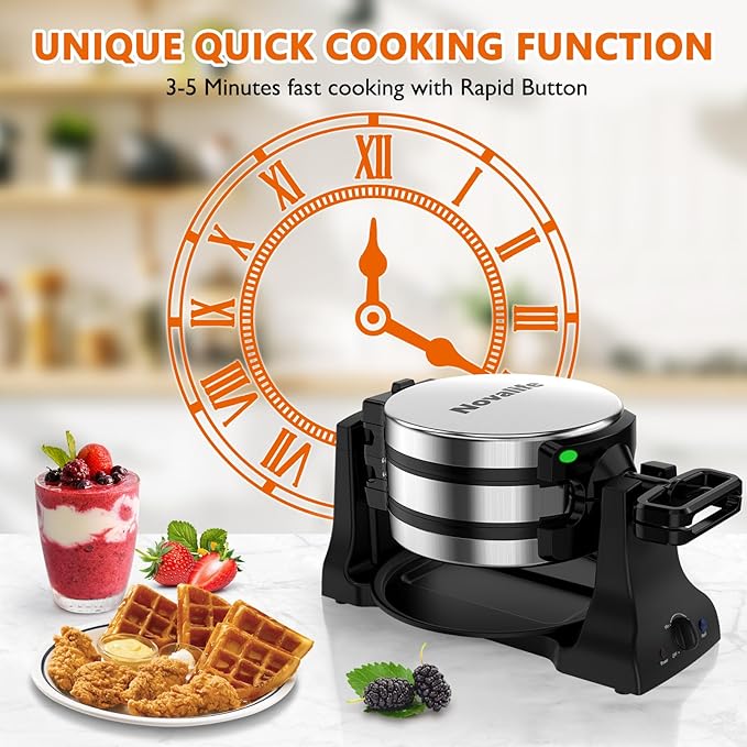 Waffle Maker, 1400W Belgian Waffle Maker, Double Waffle Iron 180° Flip, Rotating Nonstick Plates, Adjustable Browning Control, Locking Buckle & Cool Touch Handle, Removable Drip Tray, Stainless Steel