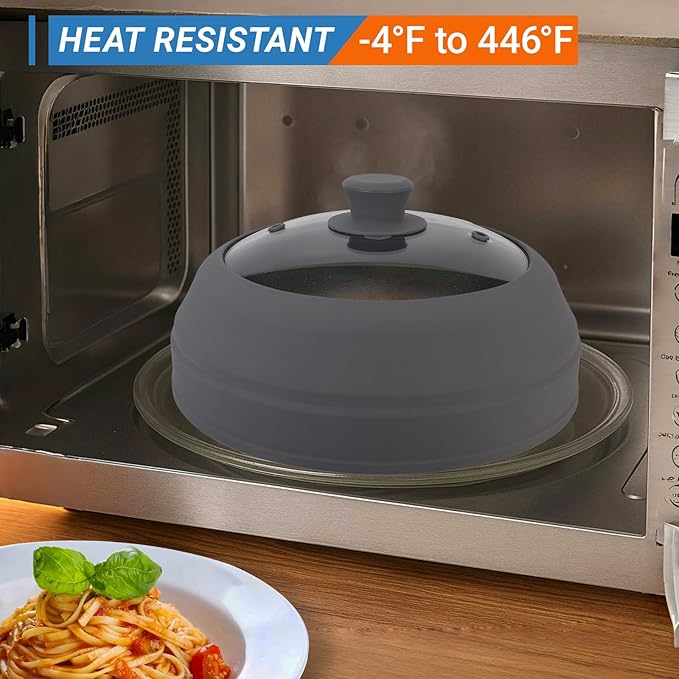 Glass Microwave Cover for Food, 10.5 Inch Collapsible Silicone Microwave Splatter Cover, Microwave Splatter Cover Glass, Microwave Food Cover for Pot Plate, Heat Resistant, BPA-Free, Dishwasher Safe