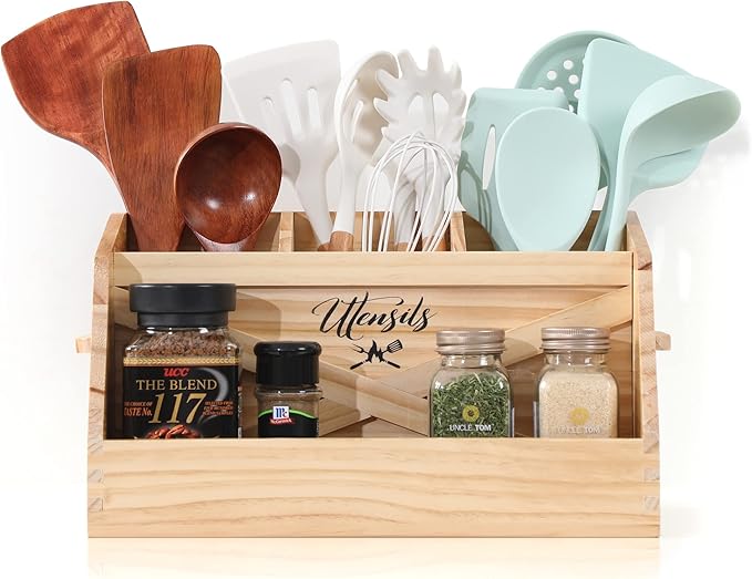 Innovation Kitchen Utensil Holder for Countertop with 4 Compartments, Wood Utensil Organizer for Cooking Tools(Utensil Not Included)