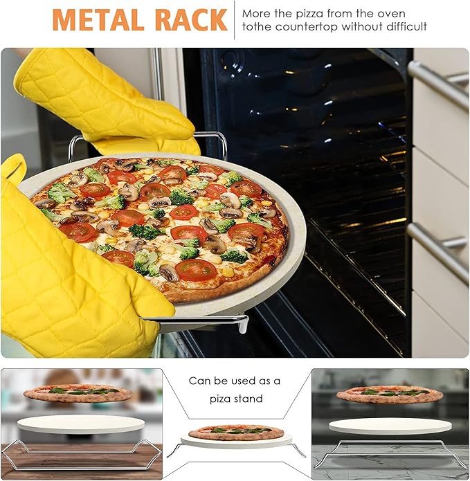 5 PCS Round Pizza Stone Set, 13" Pizza Stone for Oven and Grill with Pizza Peel(OAK),Serving Rack, Pizza Cutter & 10pcs Cooking Paper for Free, Baking Stone for Pizza, Bread (Pack of 2)