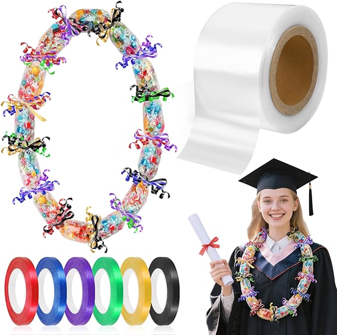 Jansun Graduation Lei Making Kit, 1 roll Candy Lei Tubing and 6 Ribbons, DIY Leis for Graduation Lei Accessories Handcrafts Party Supplies