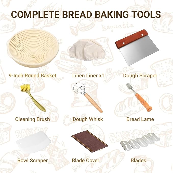 9 Inch Round Sourdough Proofing Basket, 7-Piece Complete Starter Kit with Linen Liner & Baking Tools, Bread Baking Supplies & Accessories Gift Set, Local Warehouse Shipment (1 Pack)